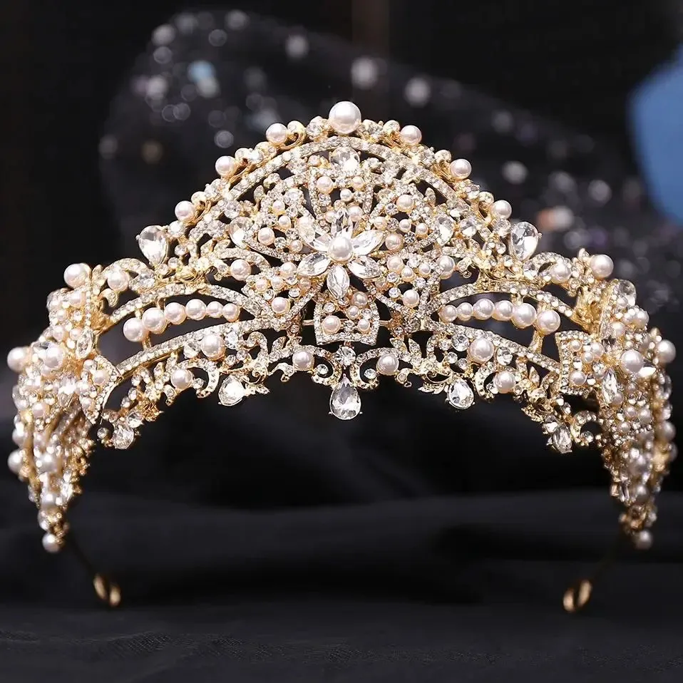 Elegant Luxury Cute Big Bowknot Crystal Pearl Tiara Crown Bridal Hair Accessory