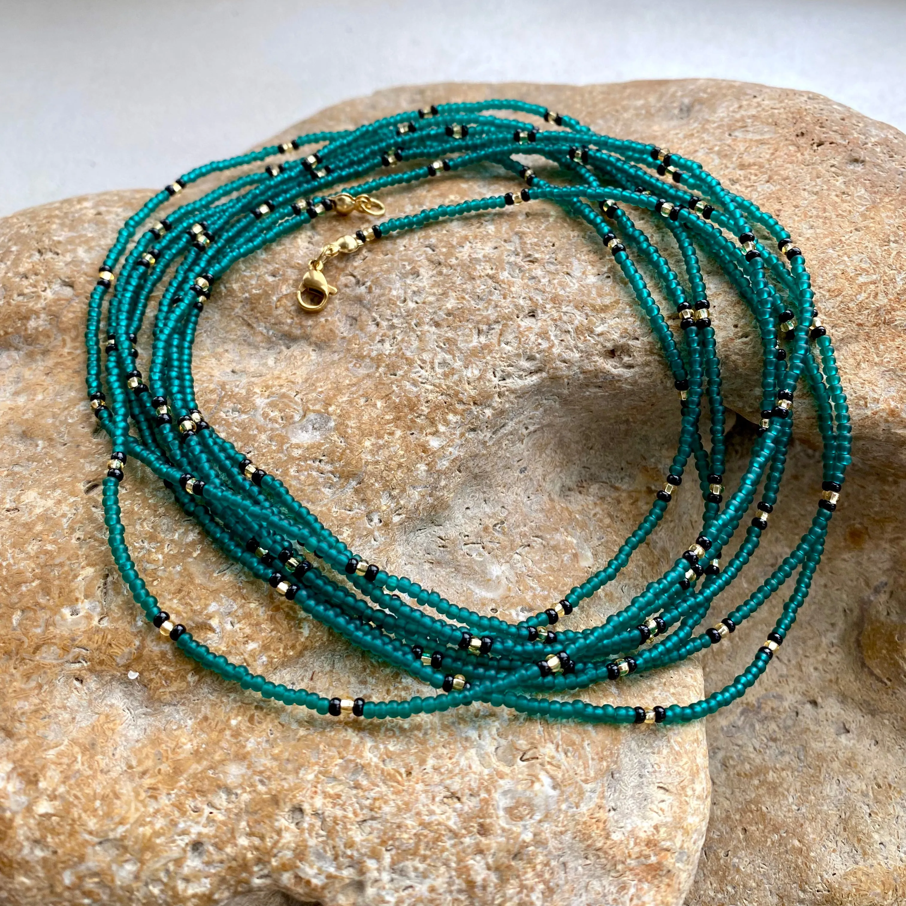 Emerald seed bead necklace, Green Gold layered necklace, Extra long wrap necklace, Statement necklace, Boho Hippie necklace