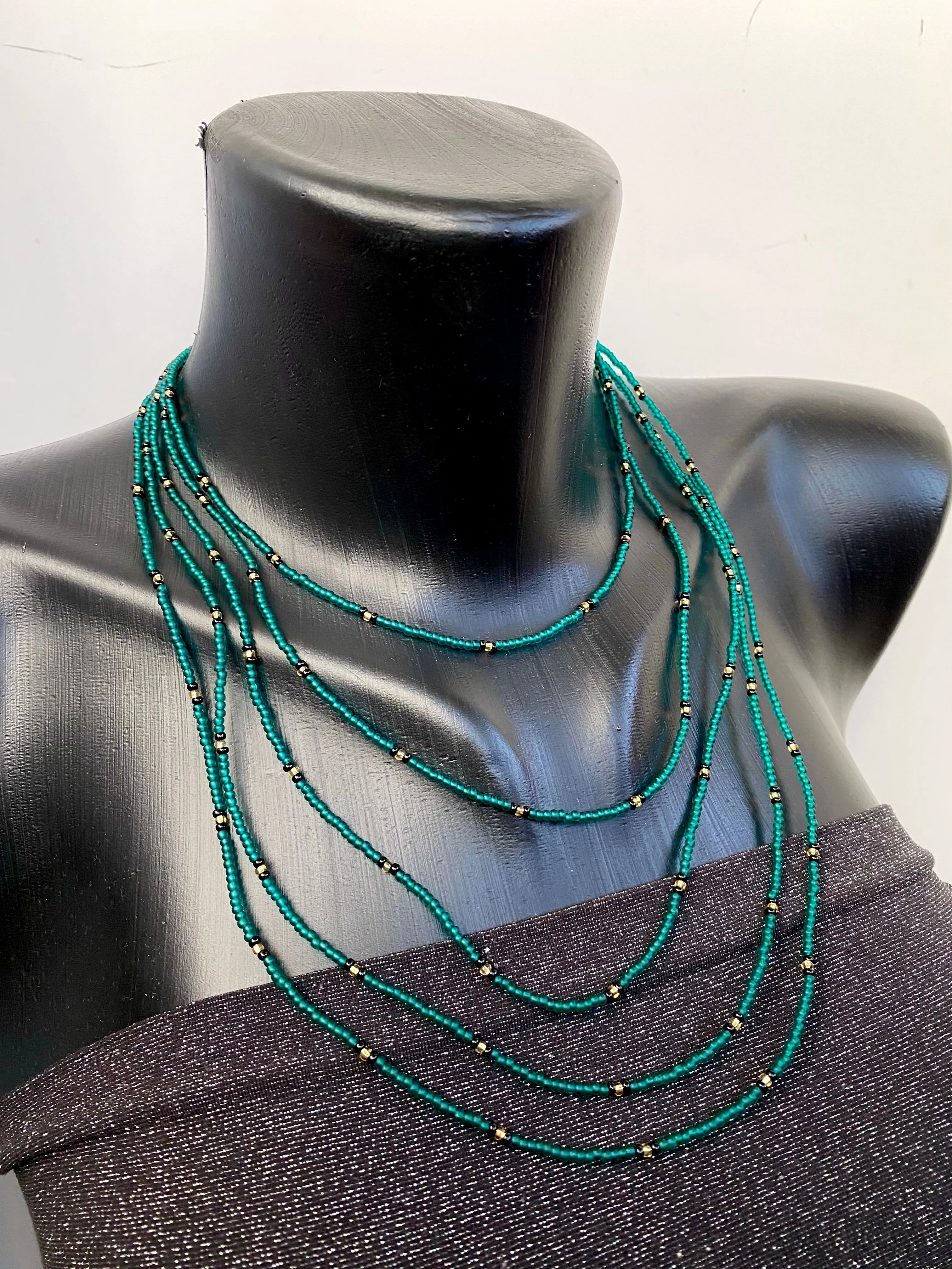 Emerald seed bead necklace, Green Gold layered necklace, Extra long wrap necklace, Statement necklace, Boho Hippie necklace
