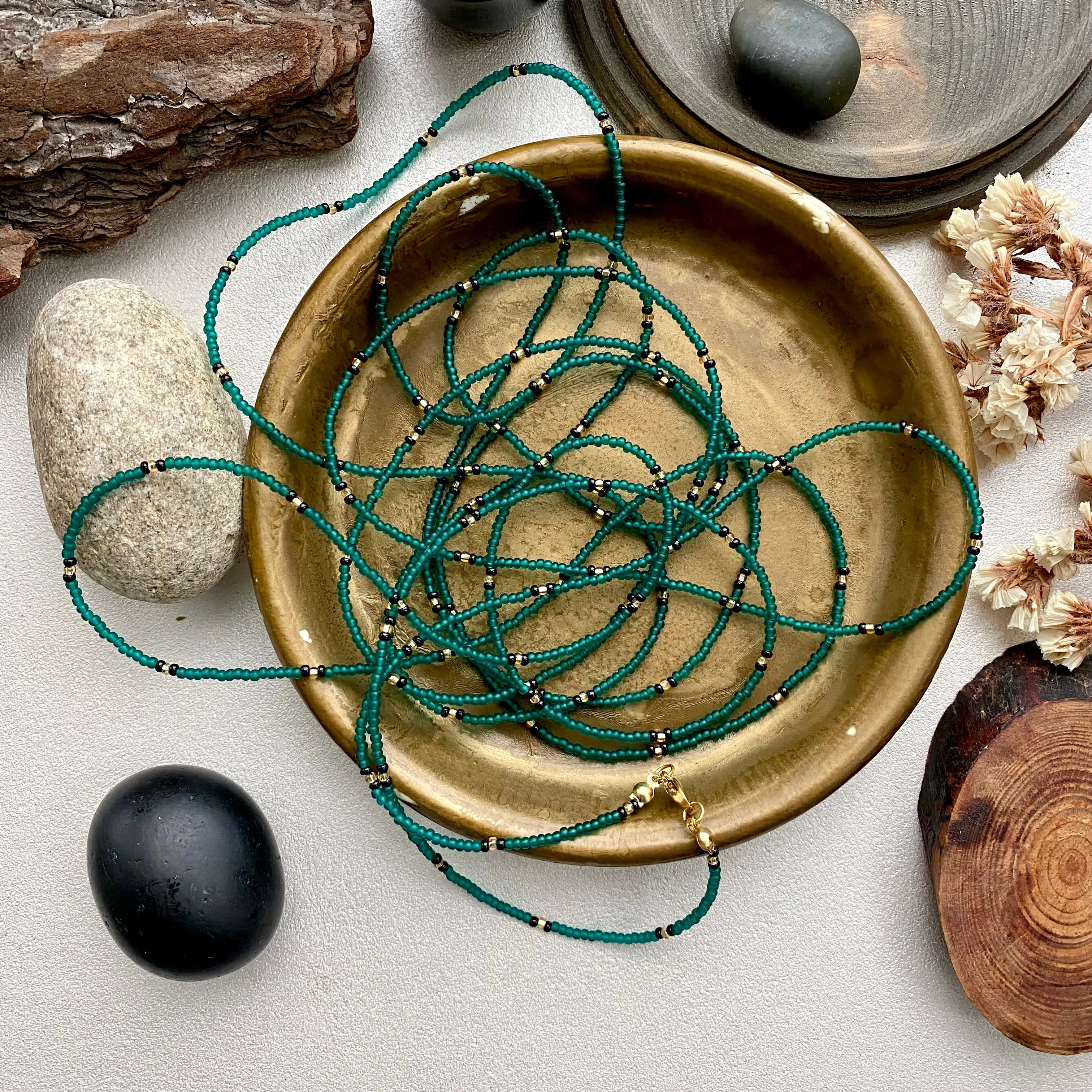 Emerald seed bead necklace, Green Gold layered necklace, Extra long wrap necklace, Statement necklace, Boho Hippie necklace