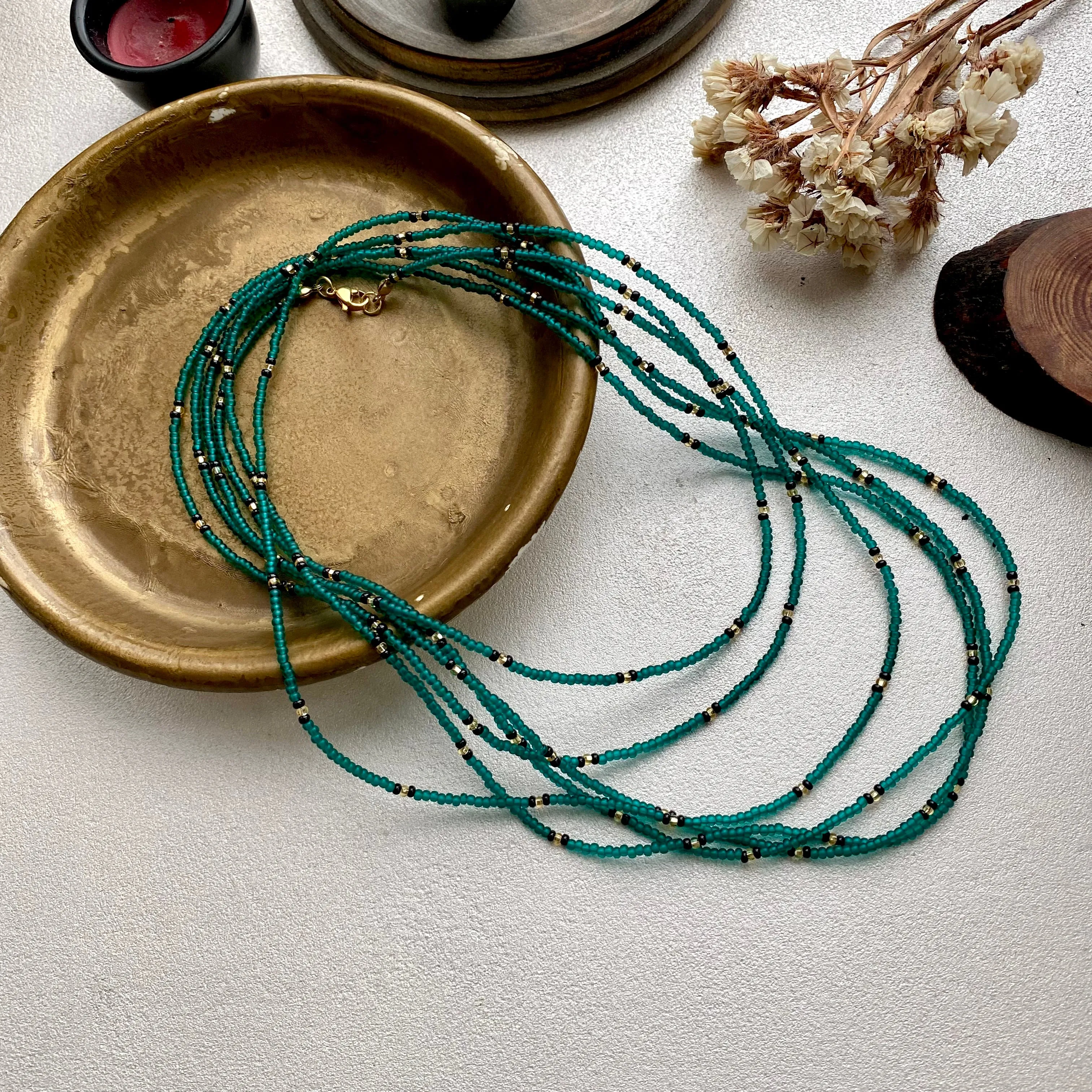 Emerald seed bead necklace, Green Gold layered necklace, Extra long wrap necklace, Statement necklace, Boho Hippie necklace