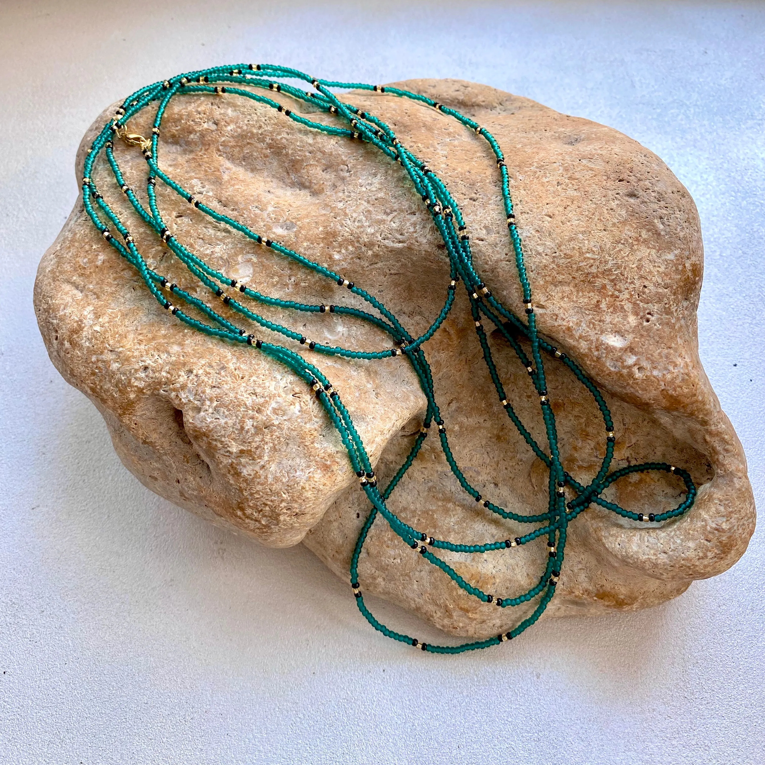 Emerald seed bead necklace, Green Gold layered necklace, Extra long wrap necklace, Statement necklace, Boho Hippie necklace