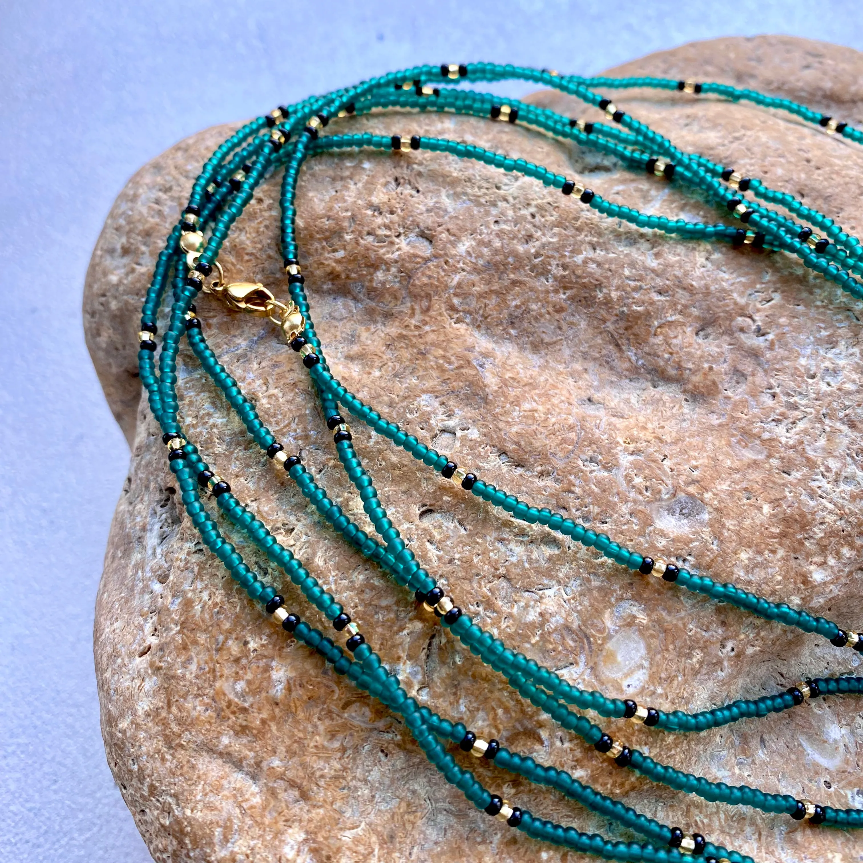 Emerald seed bead necklace, Green Gold layered necklace, Extra long wrap necklace, Statement necklace, Boho Hippie necklace