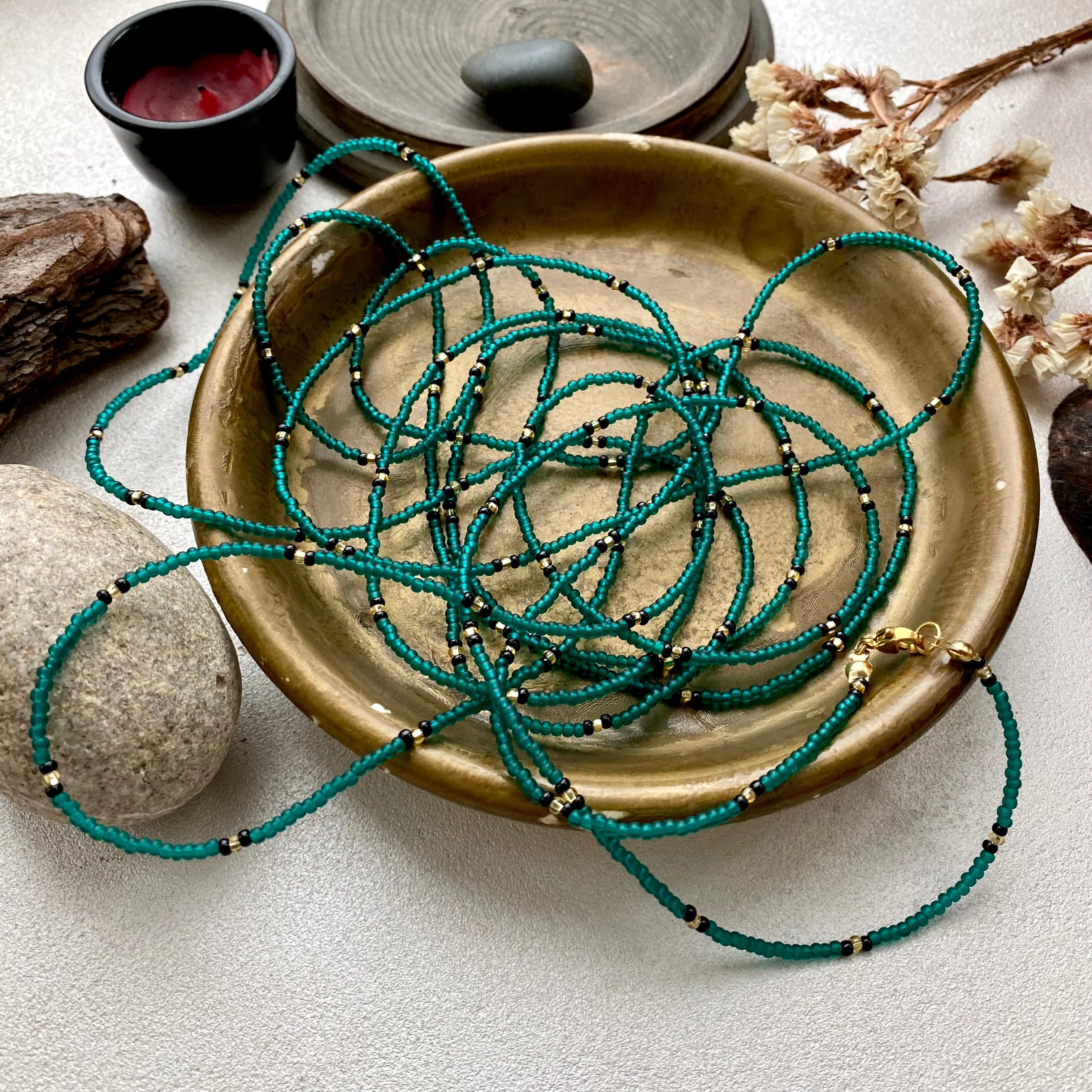 Emerald seed bead necklace, Green Gold layered necklace, Extra long wrap necklace, Statement necklace, Boho Hippie necklace