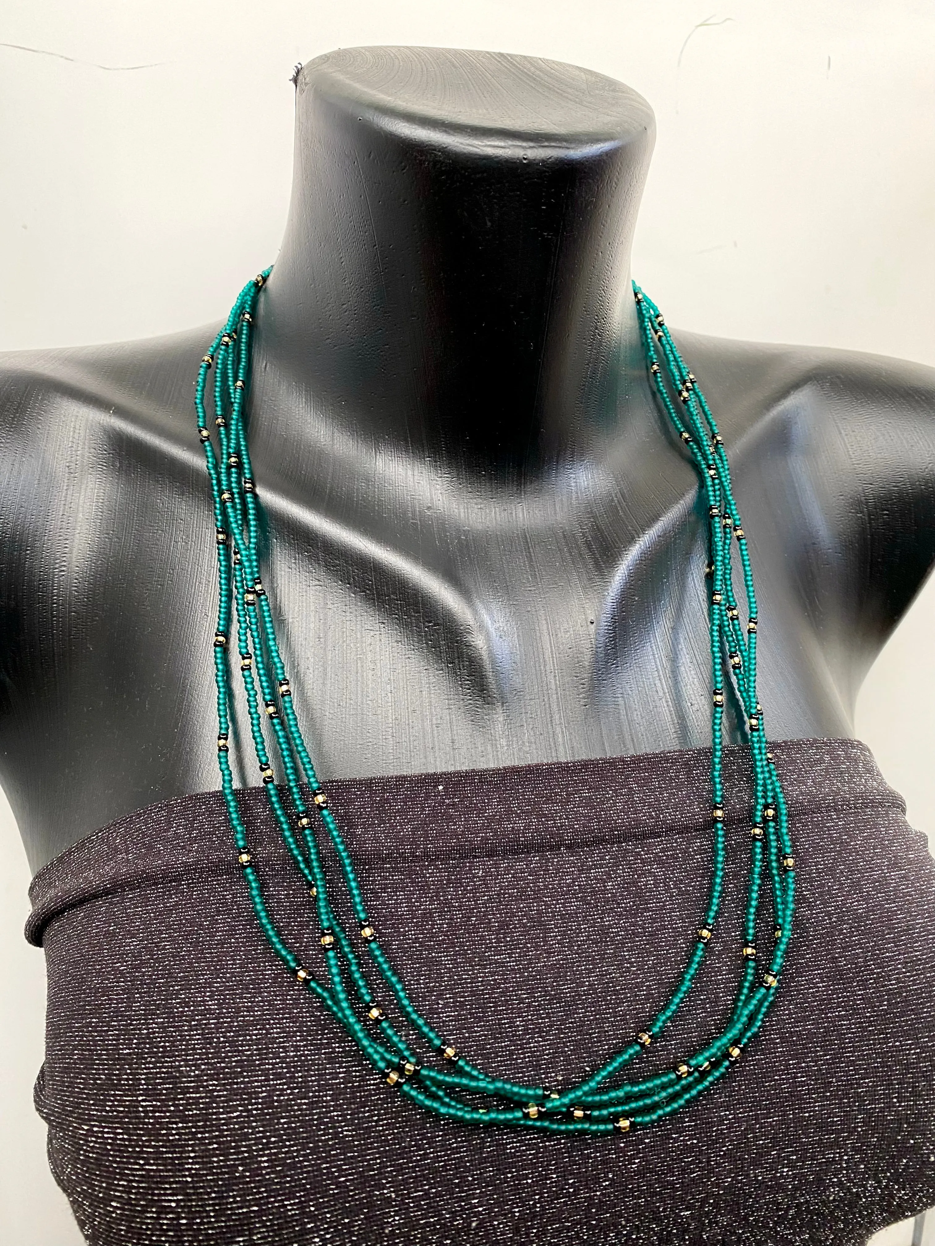 Emerald seed bead necklace, Green Gold layered necklace, Extra long wrap necklace, Statement necklace, Boho Hippie necklace