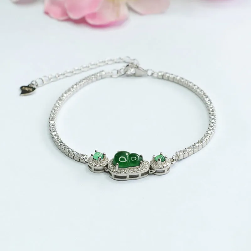 Emperor Green Gourd Jade Bracelet with Sterling Silver
