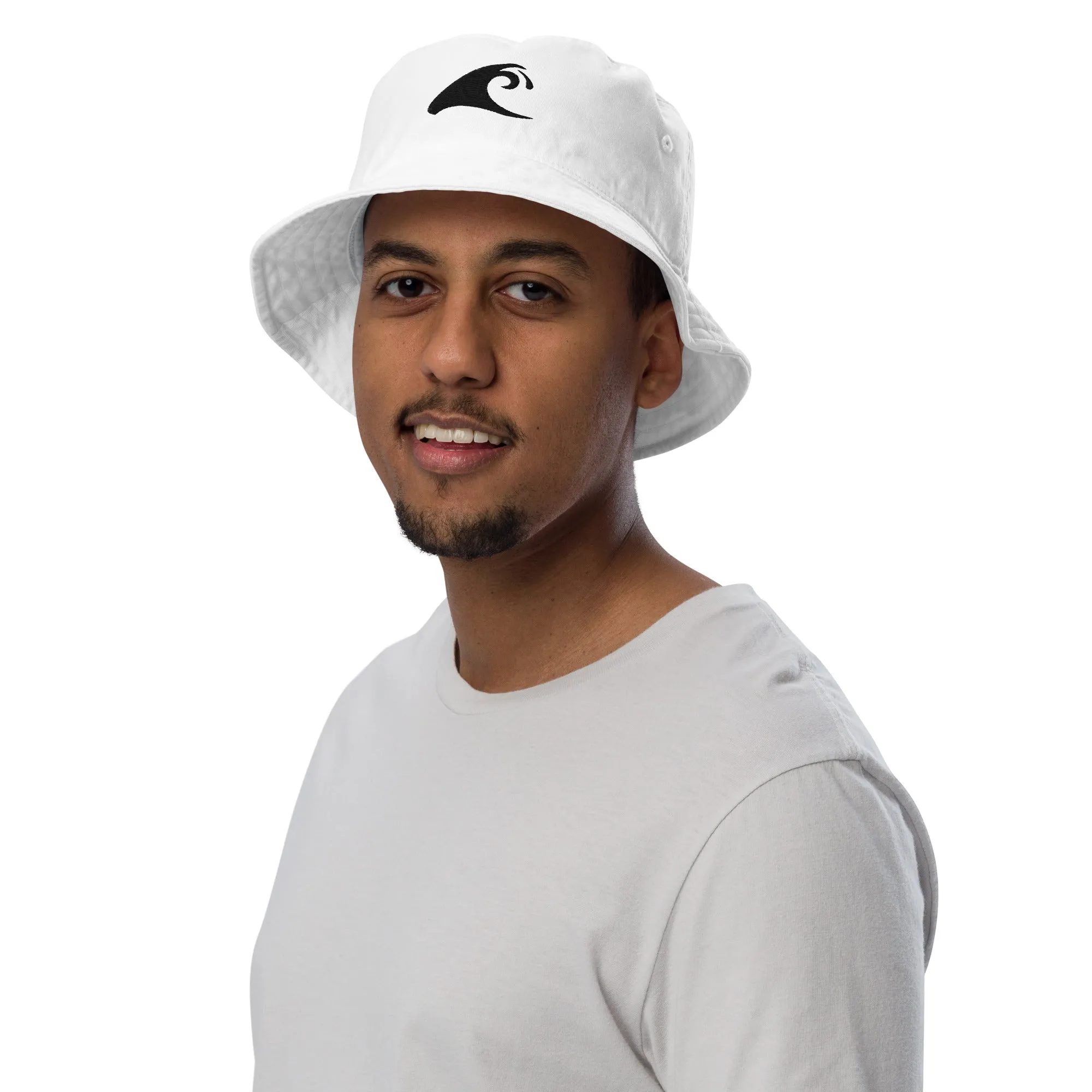 Extremely Stoked®️ Black Epic Wave Logo on White Organic Bucket Hat