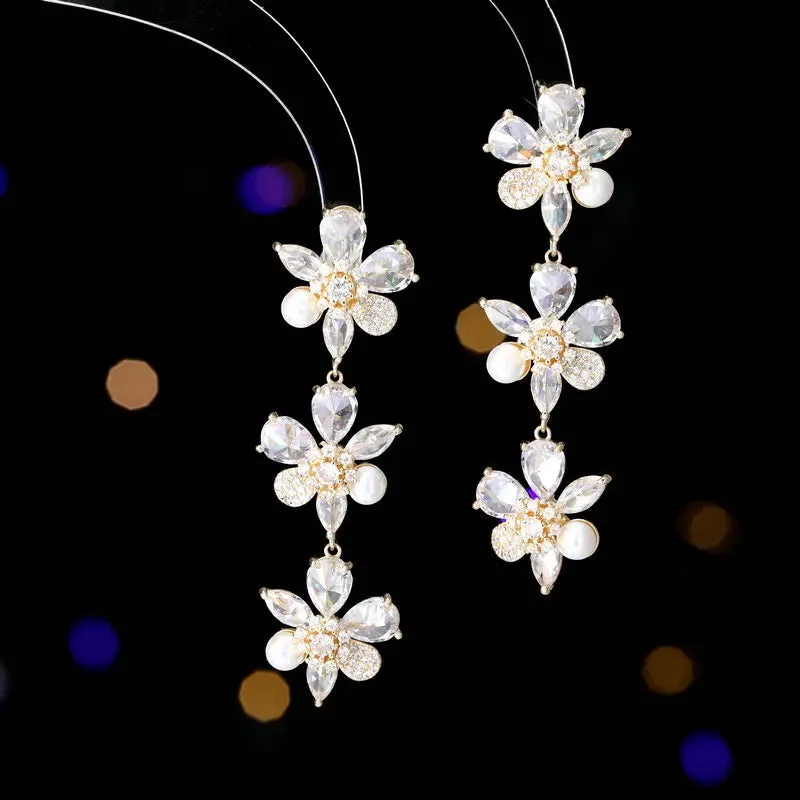 Fashion Cubic Zirconia Flower Pearl Earrings Banquet Dress Bridal Wedding Jewely Accessories LYA192