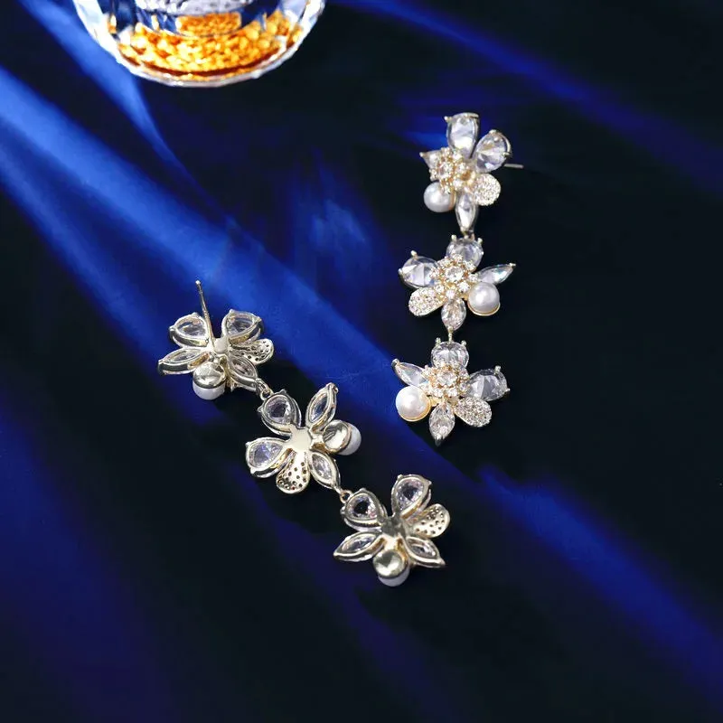 Fashion Cubic Zirconia Flower Pearl Earrings Banquet Dress Bridal Wedding Jewely Accessories LYA192