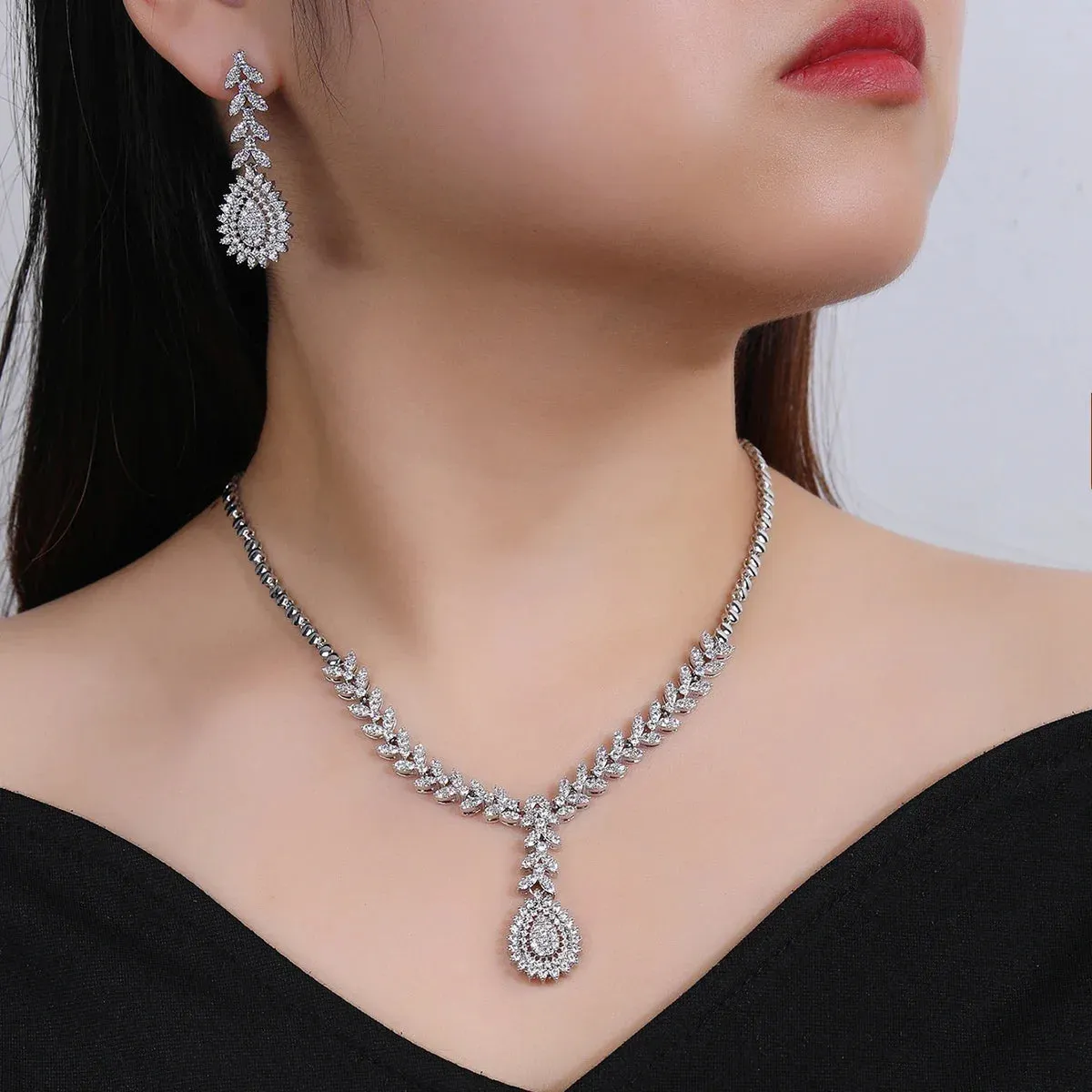 Fashion Cubic Zirconia Necklace Earrings Set For Women Wedding Bridal White Zirconia Jewelry Set CN11228