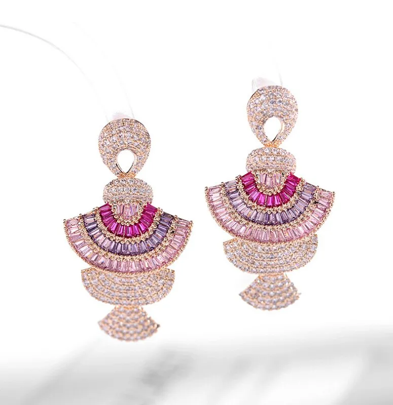 Fashion Heavy industry color zircon earrings stereo gradient pink fan-shaped earrings women A163