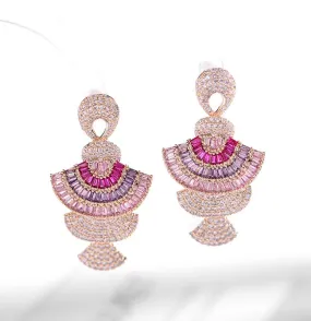 Fashion Heavy industry color zircon earrings stereo gradient pink fan-shaped earrings women A163