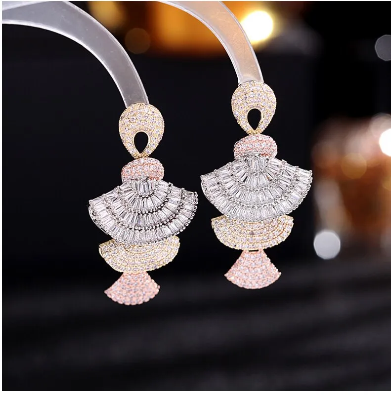 Fashion Heavy industry color zircon earrings stereo gradient pink fan-shaped earrings women A163