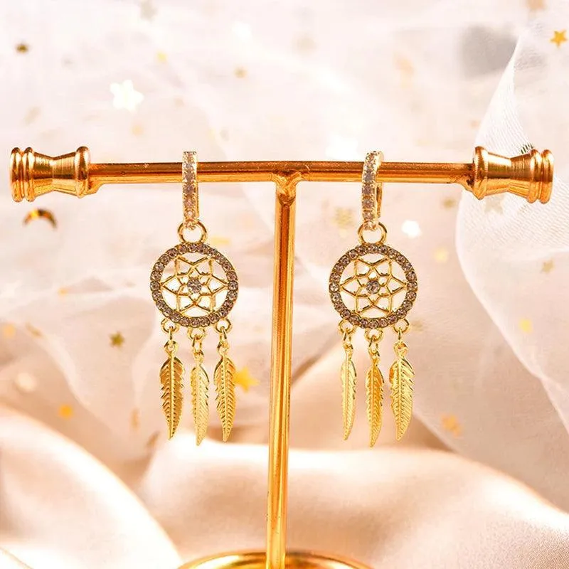 Feather Dangle Earrings: Gold Zircon Jewelry for Women: Shine Bright