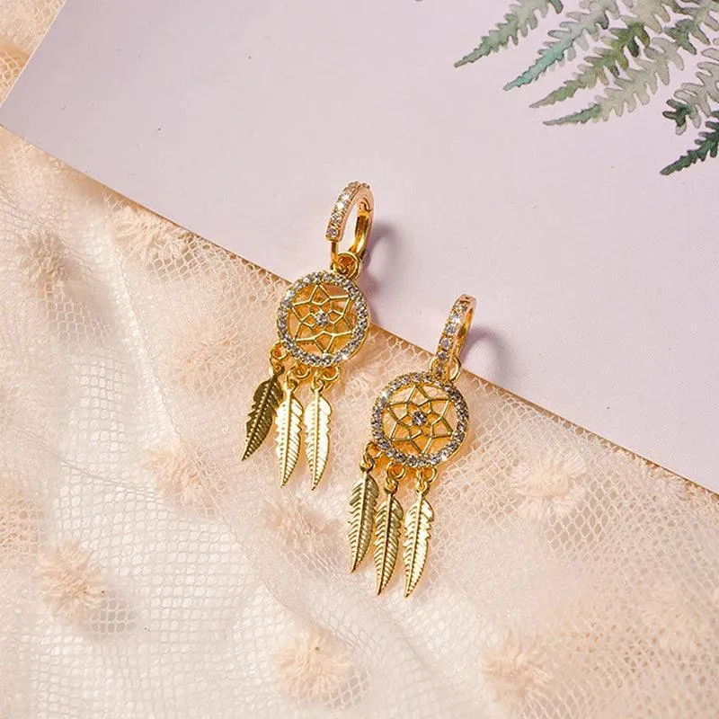 Feather Dangle Earrings: Gold Zircon Jewelry for Women: Shine Bright