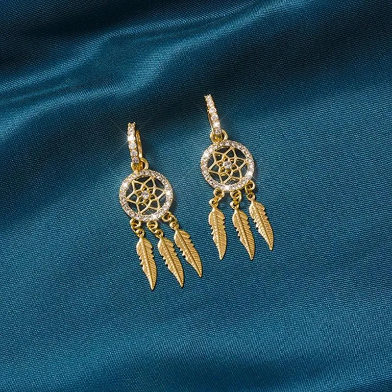 Feather Dangle Earrings: Gold Zircon Jewelry for Women: Shine Bright