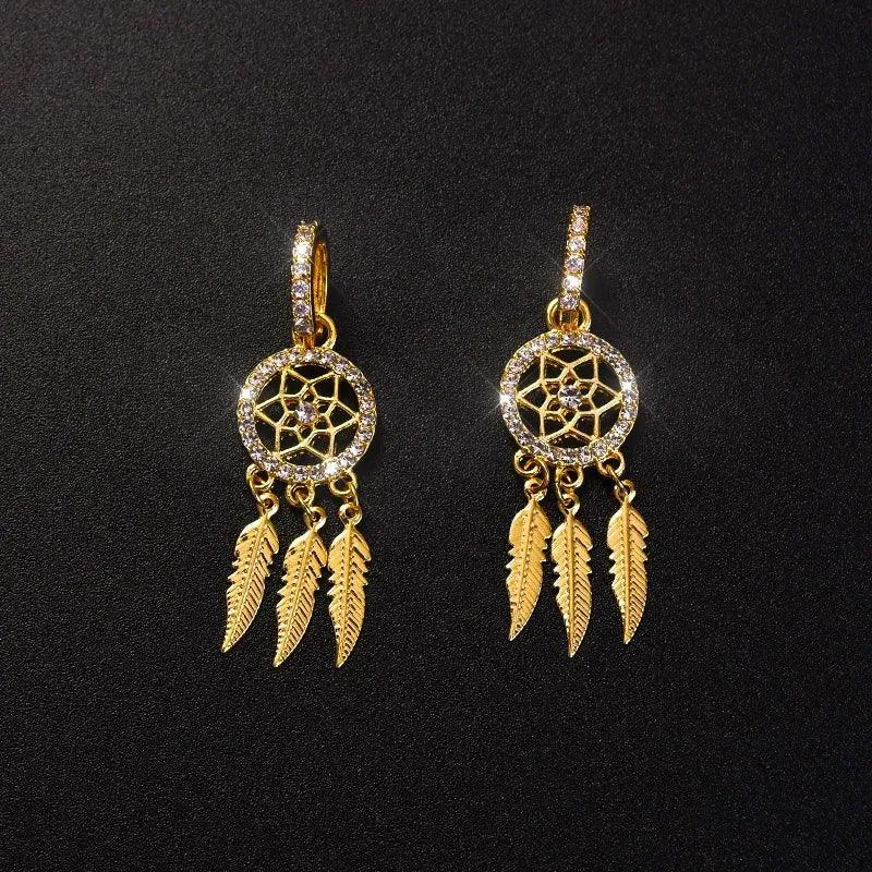 Feather Dangle Earrings: Gold Zircon Jewelry for Women: Shine Bright