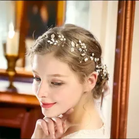 Fleur - Bridal Pearl Crystal Gold Leaf Tiara Headdress Bohemian Floral Bride Bridesmaid Headdress Tiara
