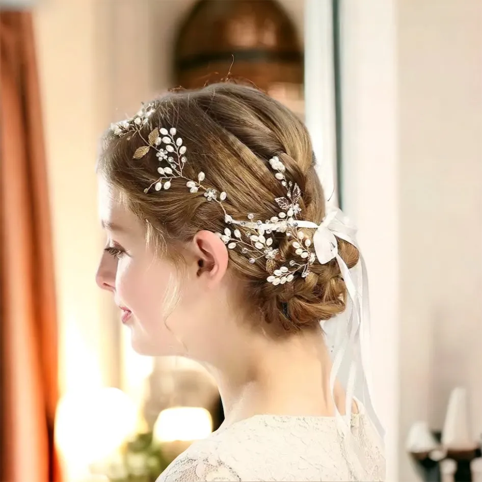 Fleur - Bridal Pearl Crystal Gold Leaf Tiara Headdress Bohemian Floral Bride Bridesmaid Headdress Tiara
