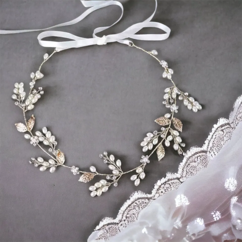 Fleur - Bridal Pearl Crystal Gold Leaf Tiara Headdress Bohemian Floral Bride Bridesmaid Headdress Tiara