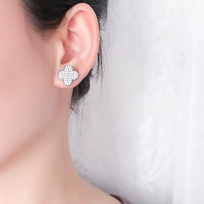 Full Zircon Four-leaf Clover Silver Stud Earrings