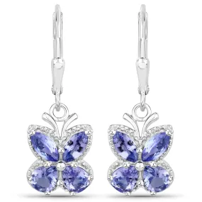 Gemstone Butterfly Drop Earrings Sterling Silver Tanzanite or Aquamarine