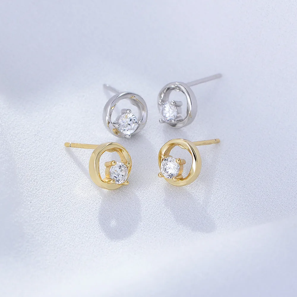 Geometric Hollow Circle with Round Zircon Silver Studs Earrings for Women