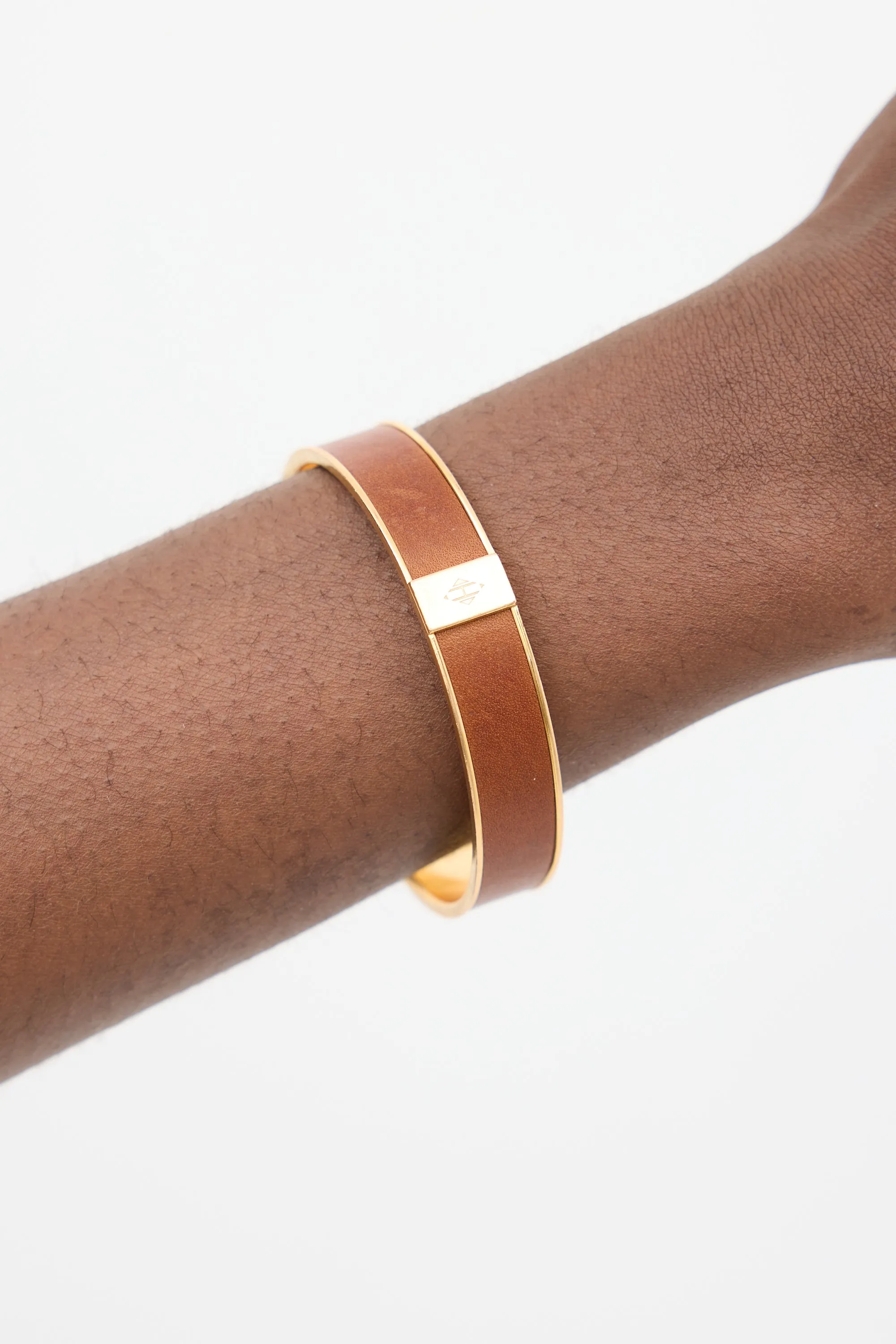 Gold & Brown Leather Kawaii Bangle Bracelet