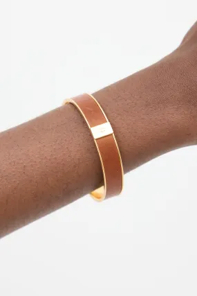 Gold & Brown Leather Kawaii Bangle Bracelet