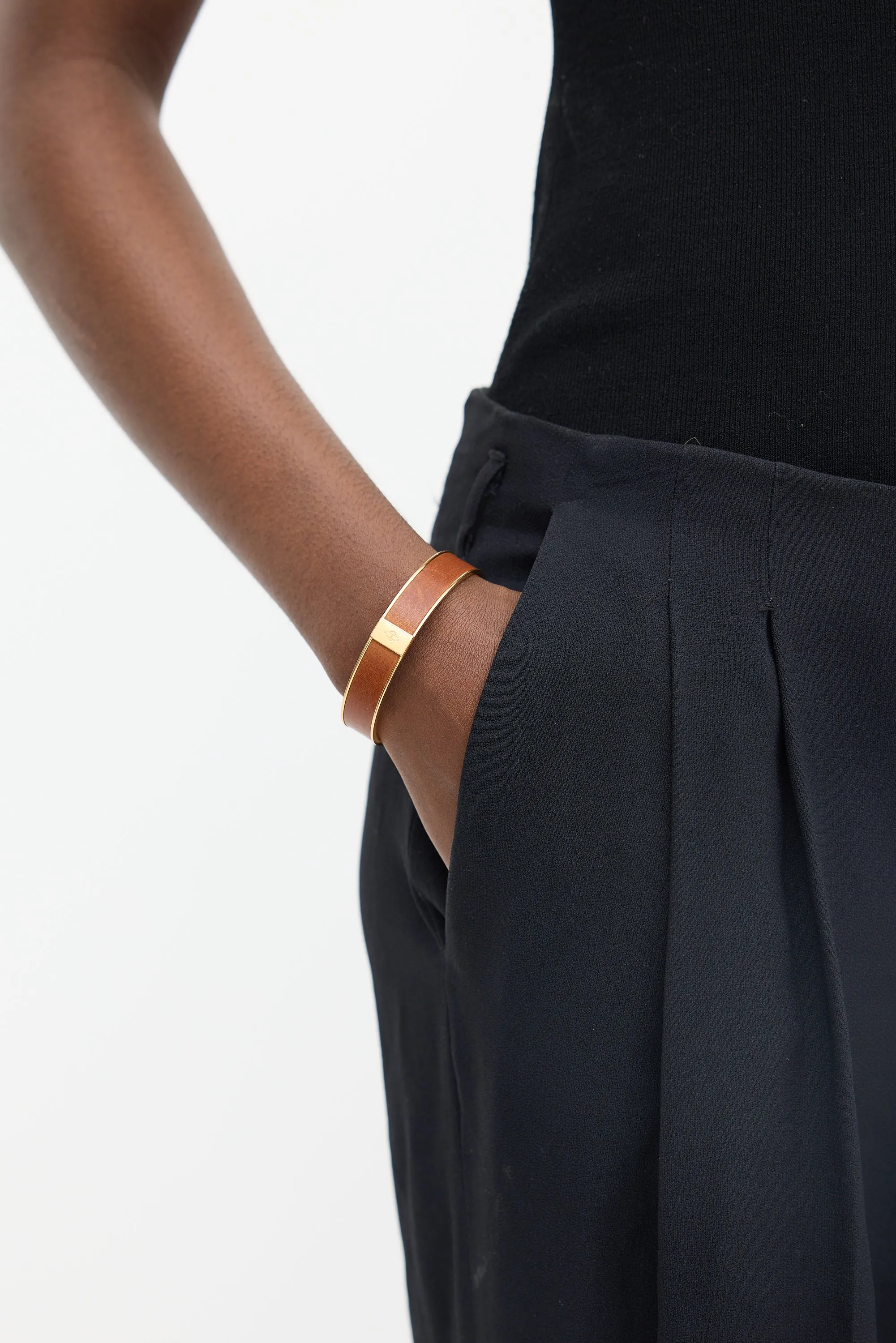 Gold & Brown Leather Kawaii Bangle Bracelet