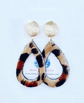 Gold and Leather Leopard Print Cutout Teardrop Earrings - Posts