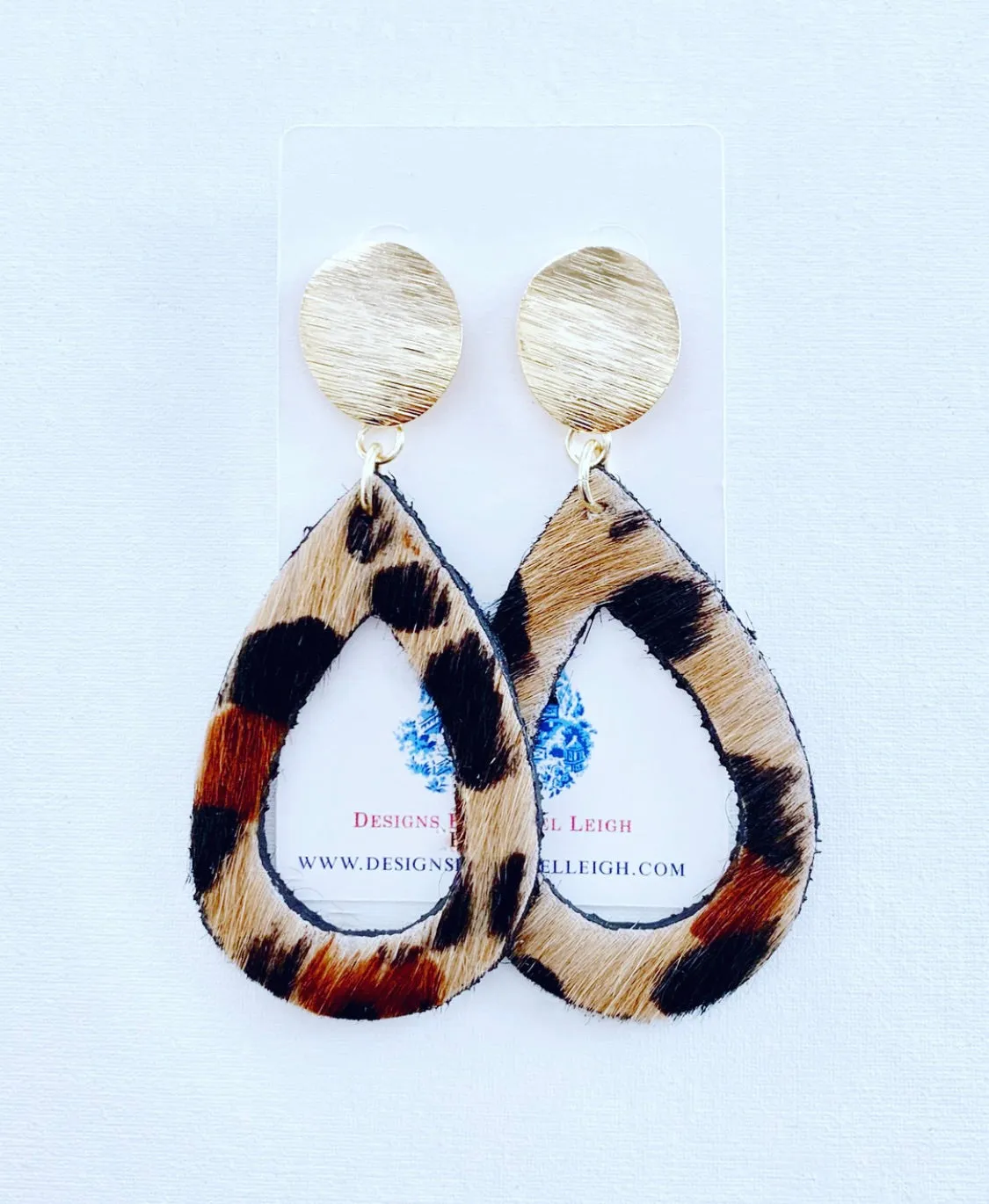 Gold and Leather Leopard Print Cutout Teardrop Earrings - Posts