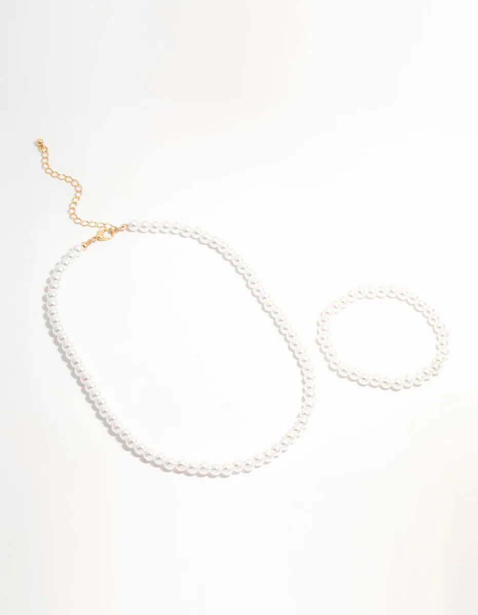 Gold Classic Pearl Stretch Bracelet & Necklace Set