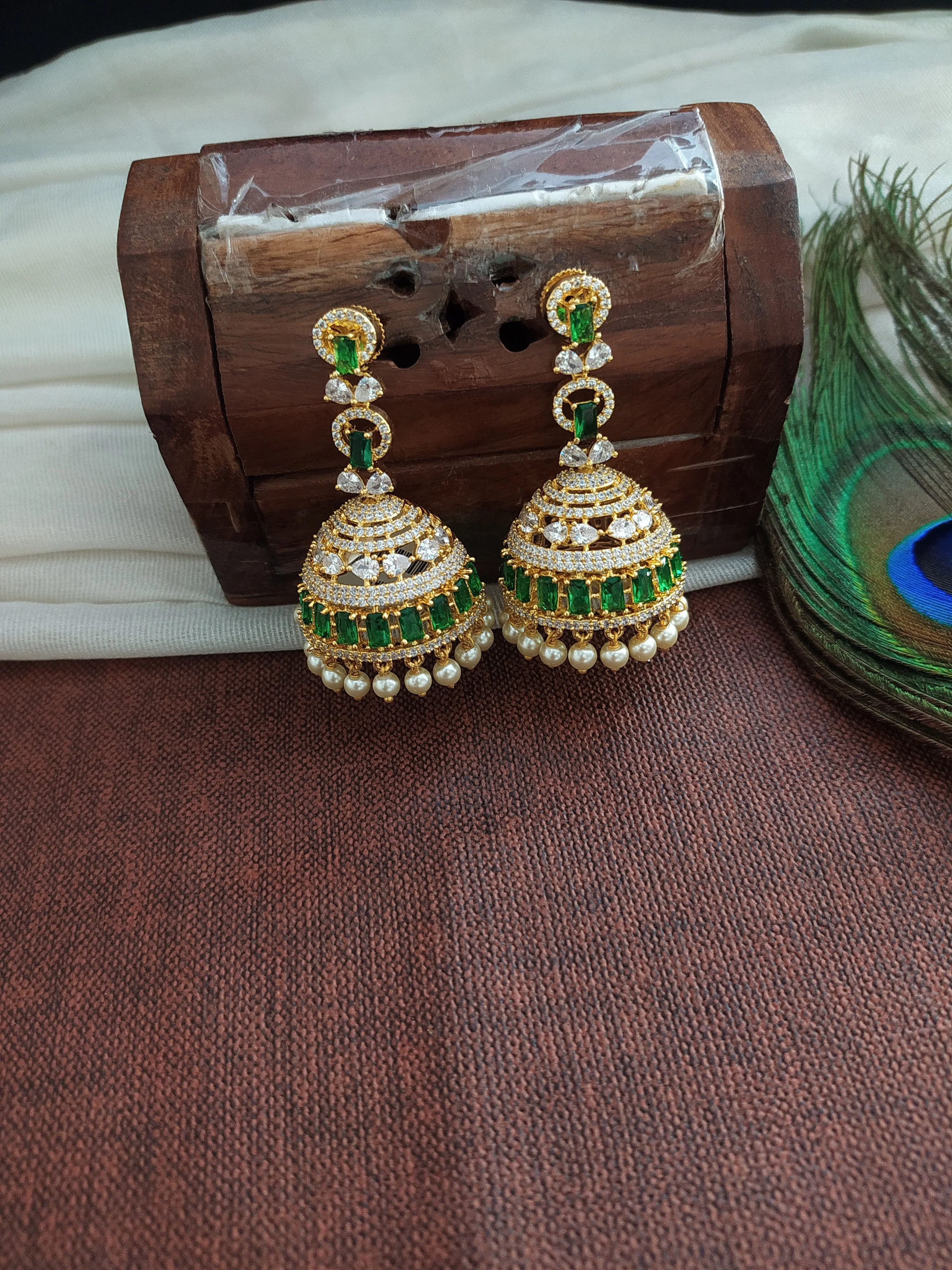 Gold Plated Jhumka With Zircon Stones with Pearl Drops