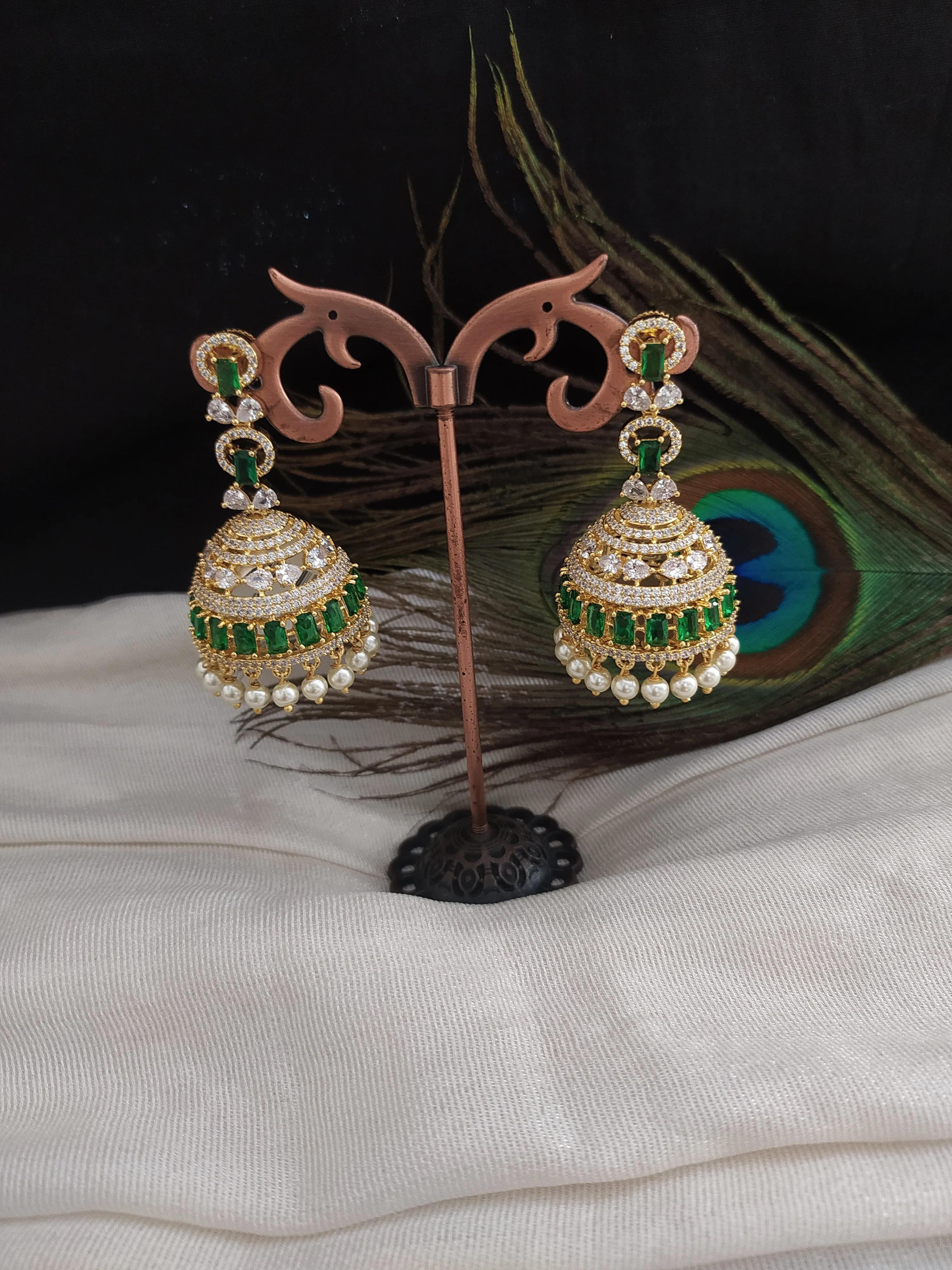 Gold Plated Jhumka With Zircon Stones with Pearl Drops
