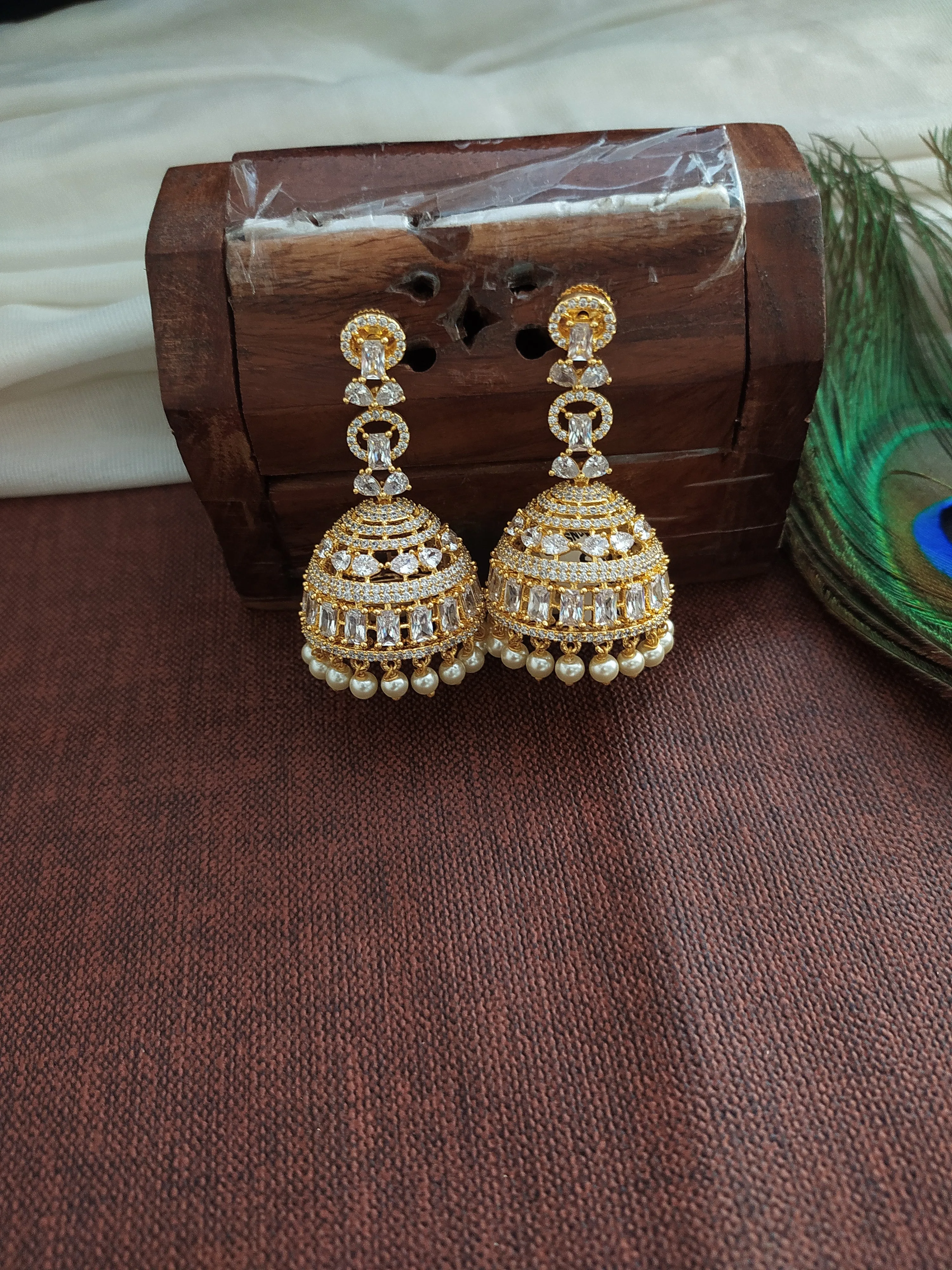 Gold Plated Jhumka With Zircon Stones with Pearl Drops