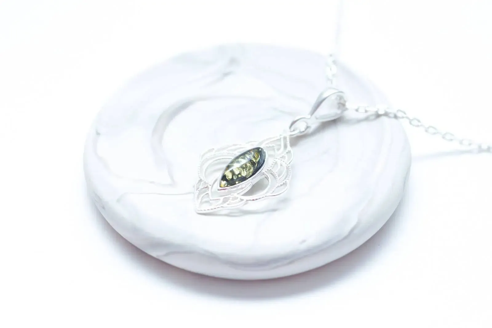 Green Amber Filigree Chandelier Pendant - Oriental Marquise Pendant with Baltic Amber & Sterling Silver