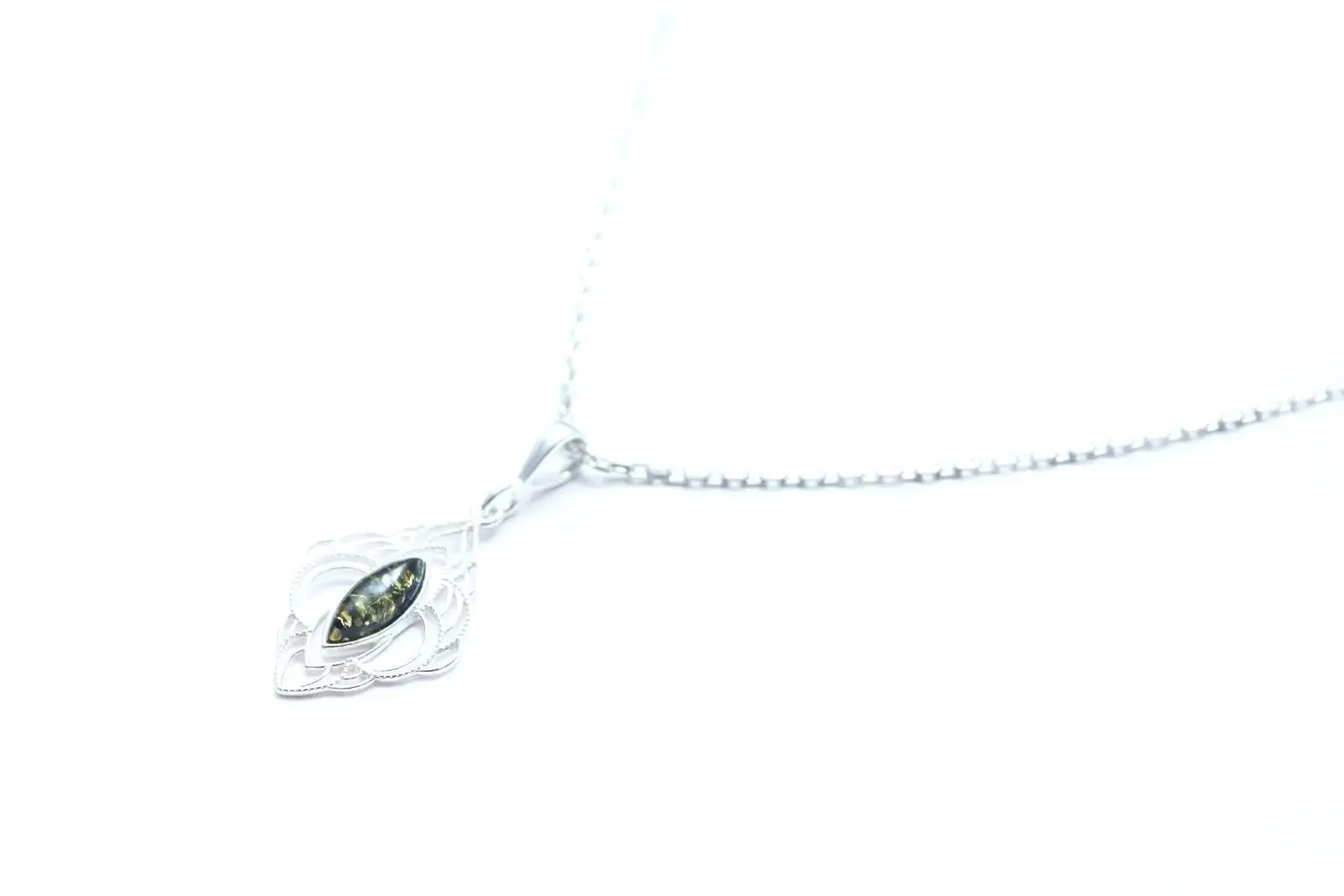 Green Amber Filigree Chandelier Pendant - Oriental Marquise Pendant with Baltic Amber & Sterling Silver