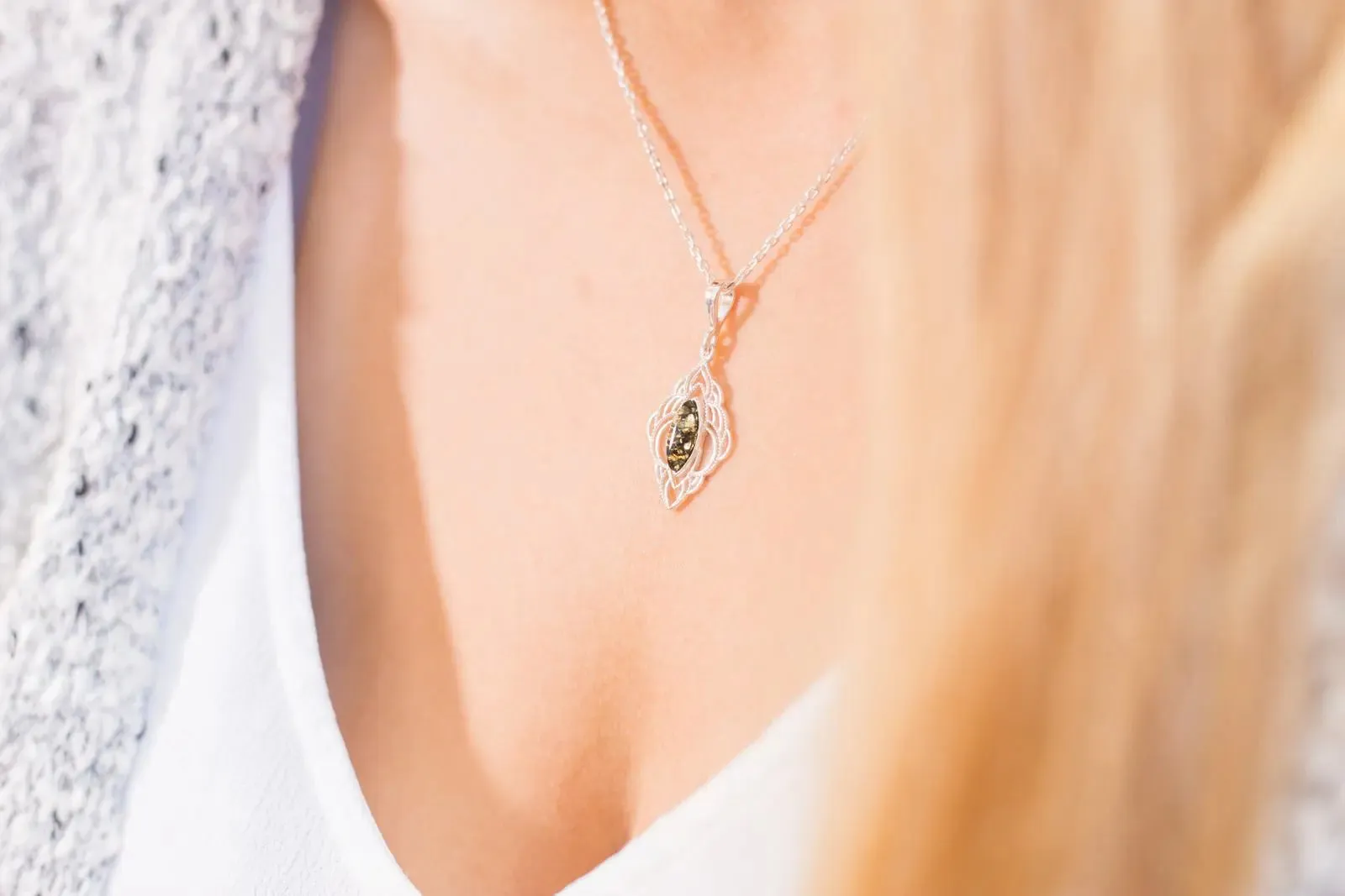 Green Amber Filigree Chandelier Pendant - Oriental Marquise Pendant with Baltic Amber & Sterling Silver