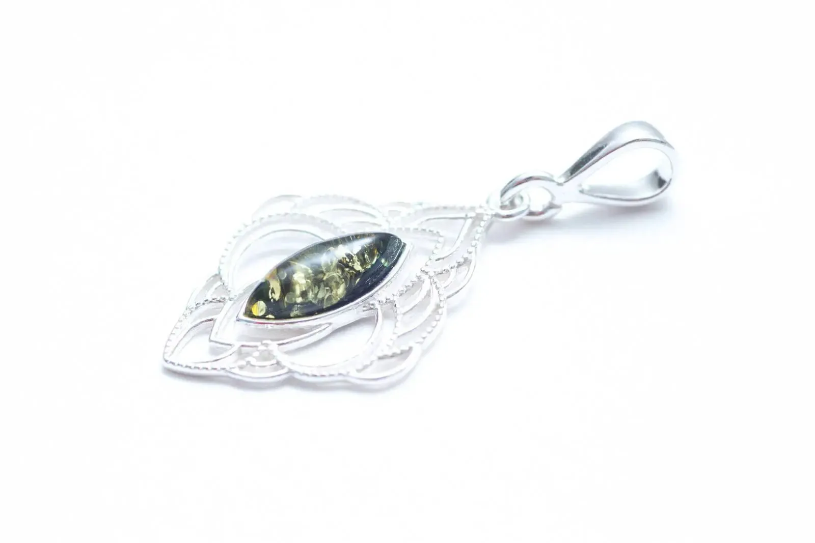 Green Amber Filigree Chandelier Pendant - Oriental Marquise Pendant with Baltic Amber & Sterling Silver