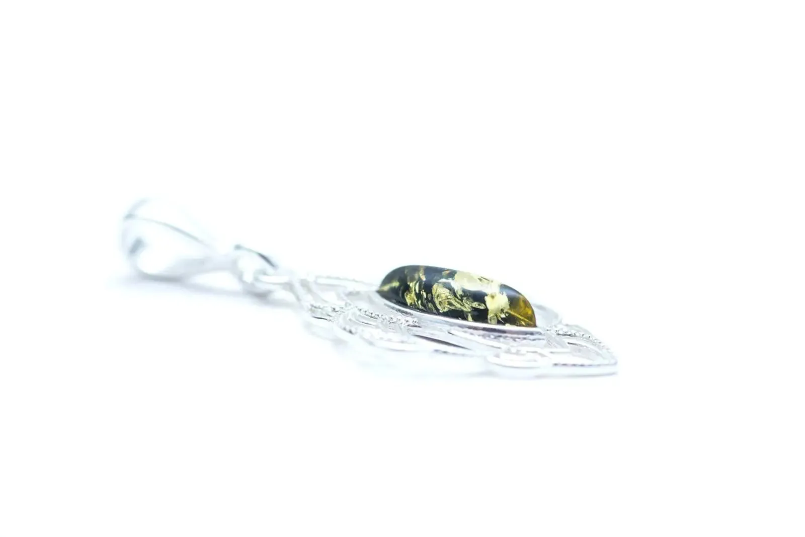 Green Amber Filigree Chandelier Pendant - Oriental Marquise Pendant with Baltic Amber & Sterling Silver
