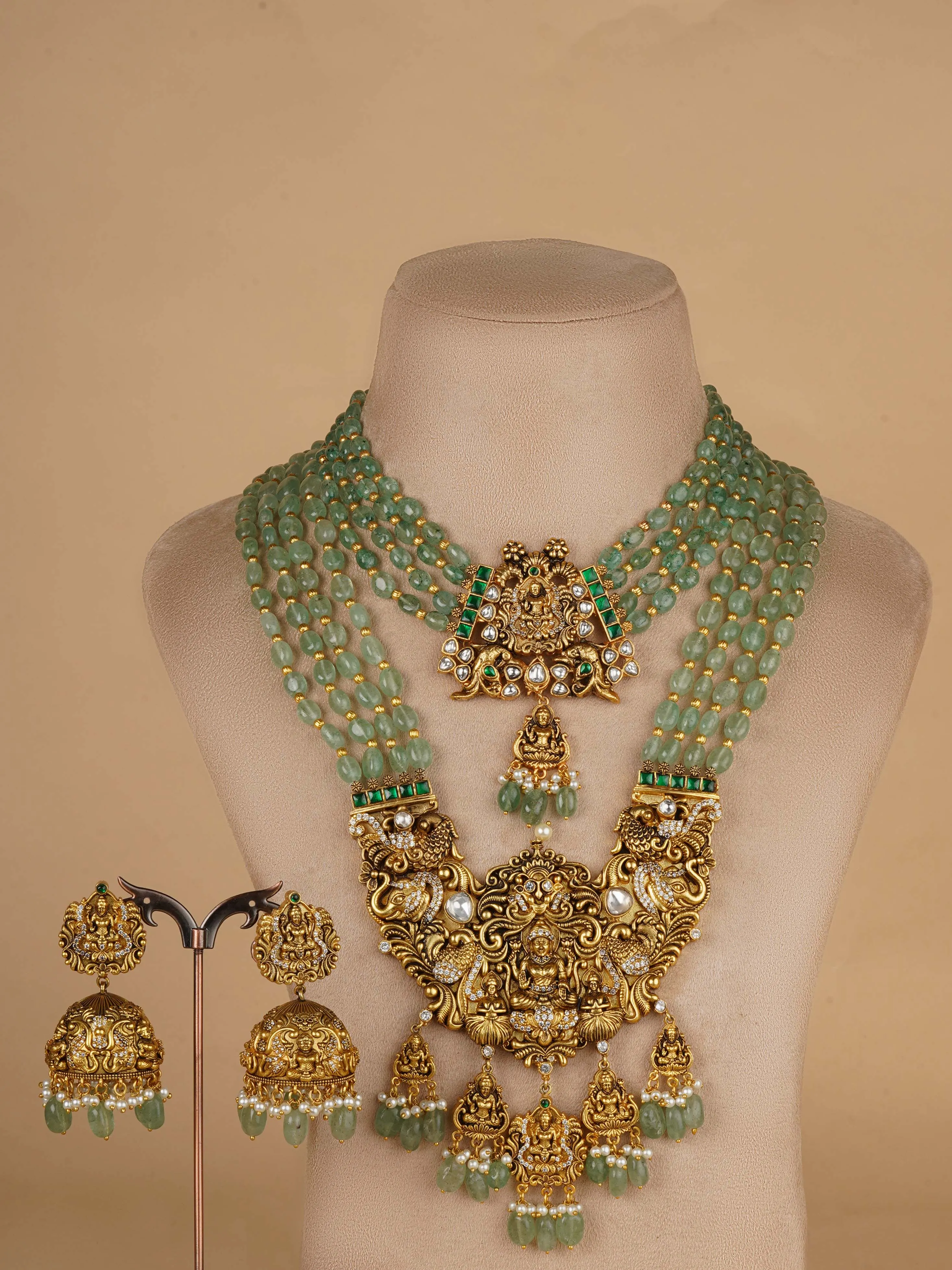 Green Color Gold Plated Temple Necklace Set - TMPSET225