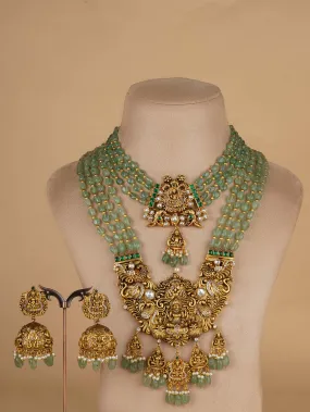 Green Color Gold Plated Temple Necklace Set - TMPSET225