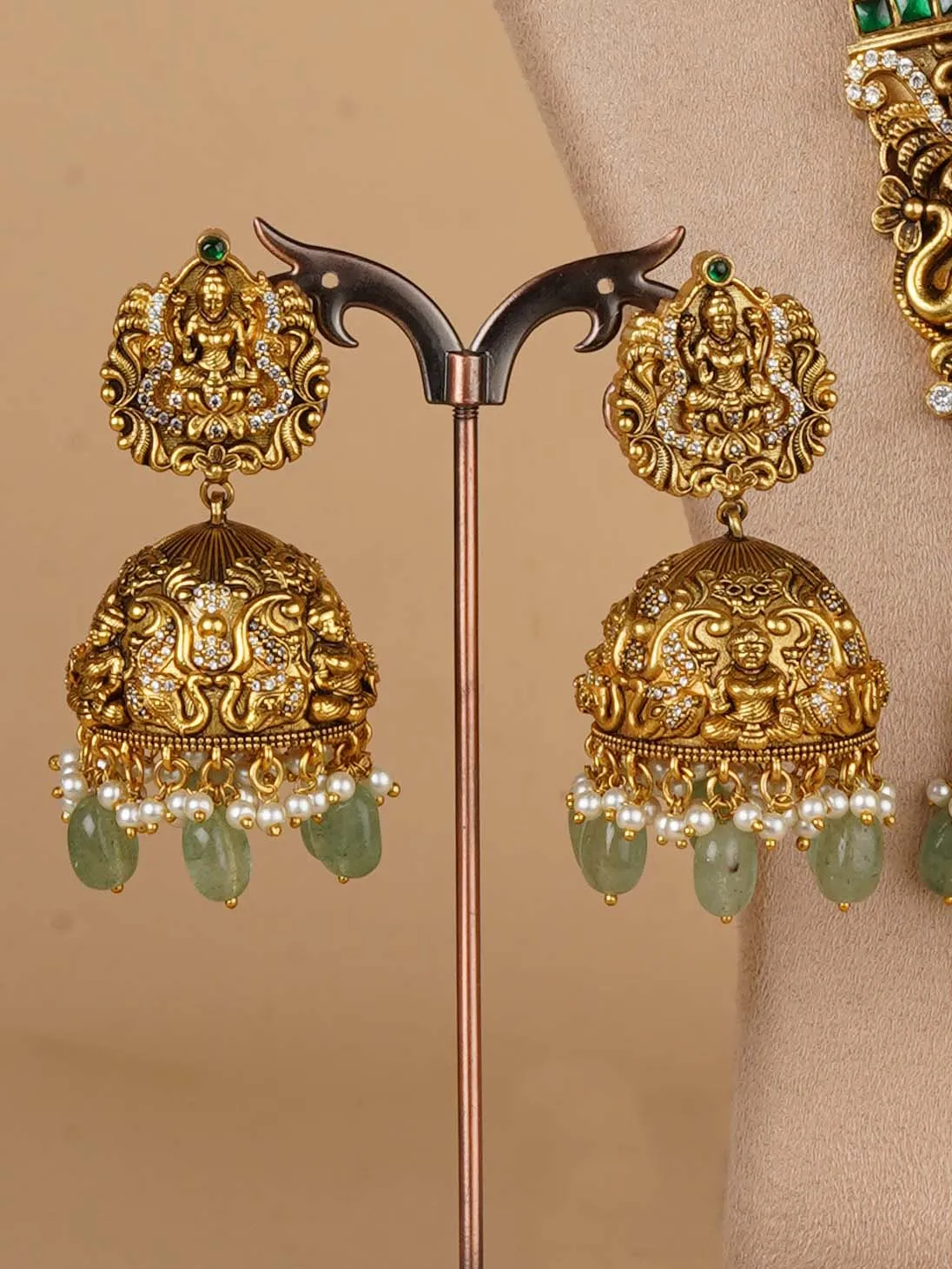 Green Color Gold Plated Temple Necklace Set - TMPSET225