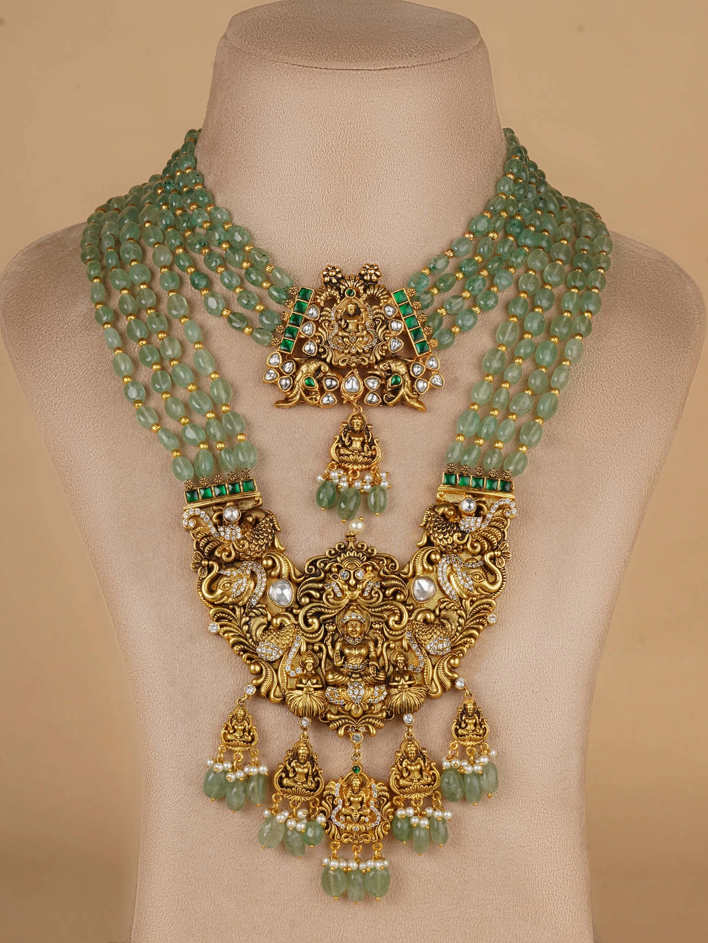 Green Color Gold Plated Temple Necklace Set - TMPSET225