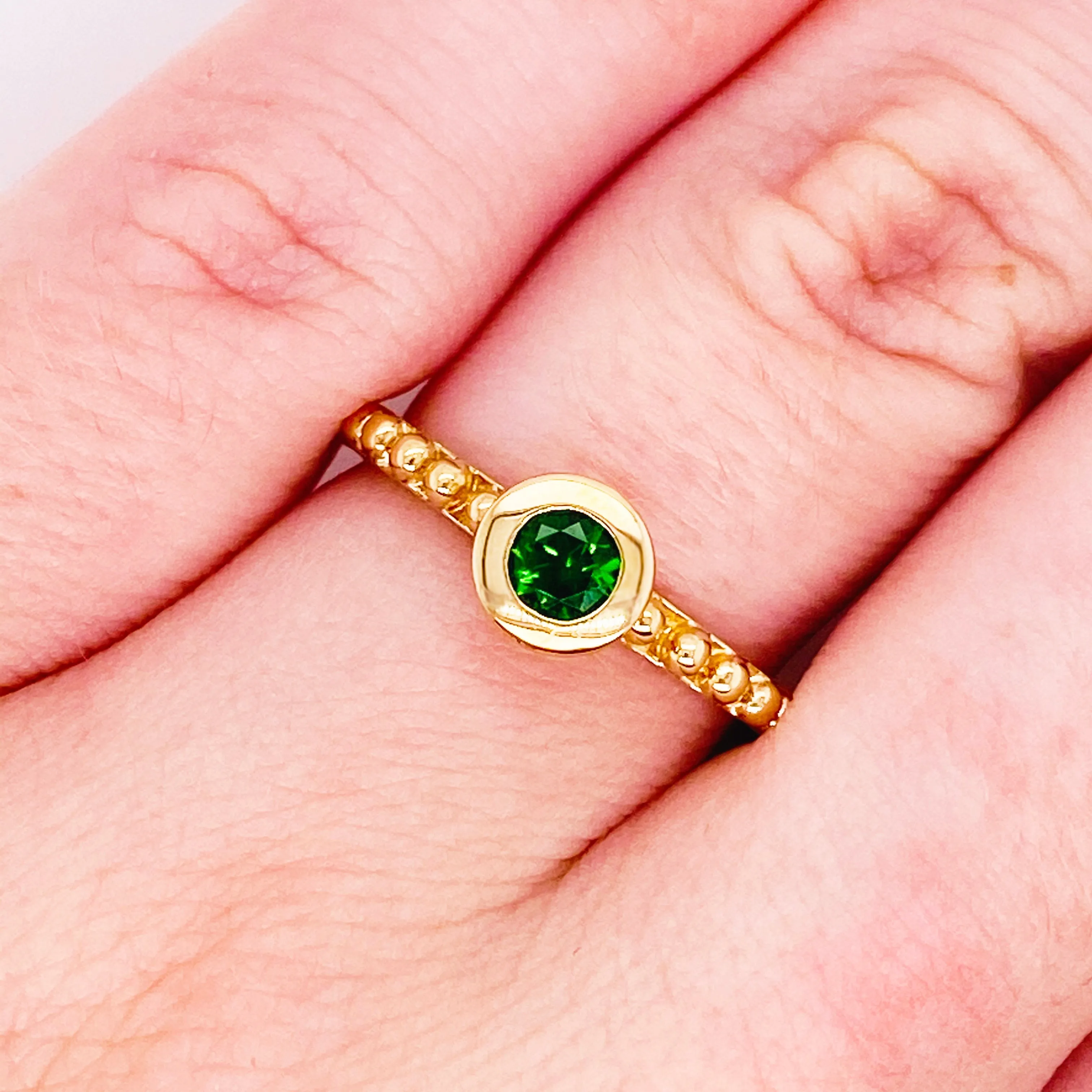 Green Diopside 14 Karat Gold Stackable Solitaire Ring