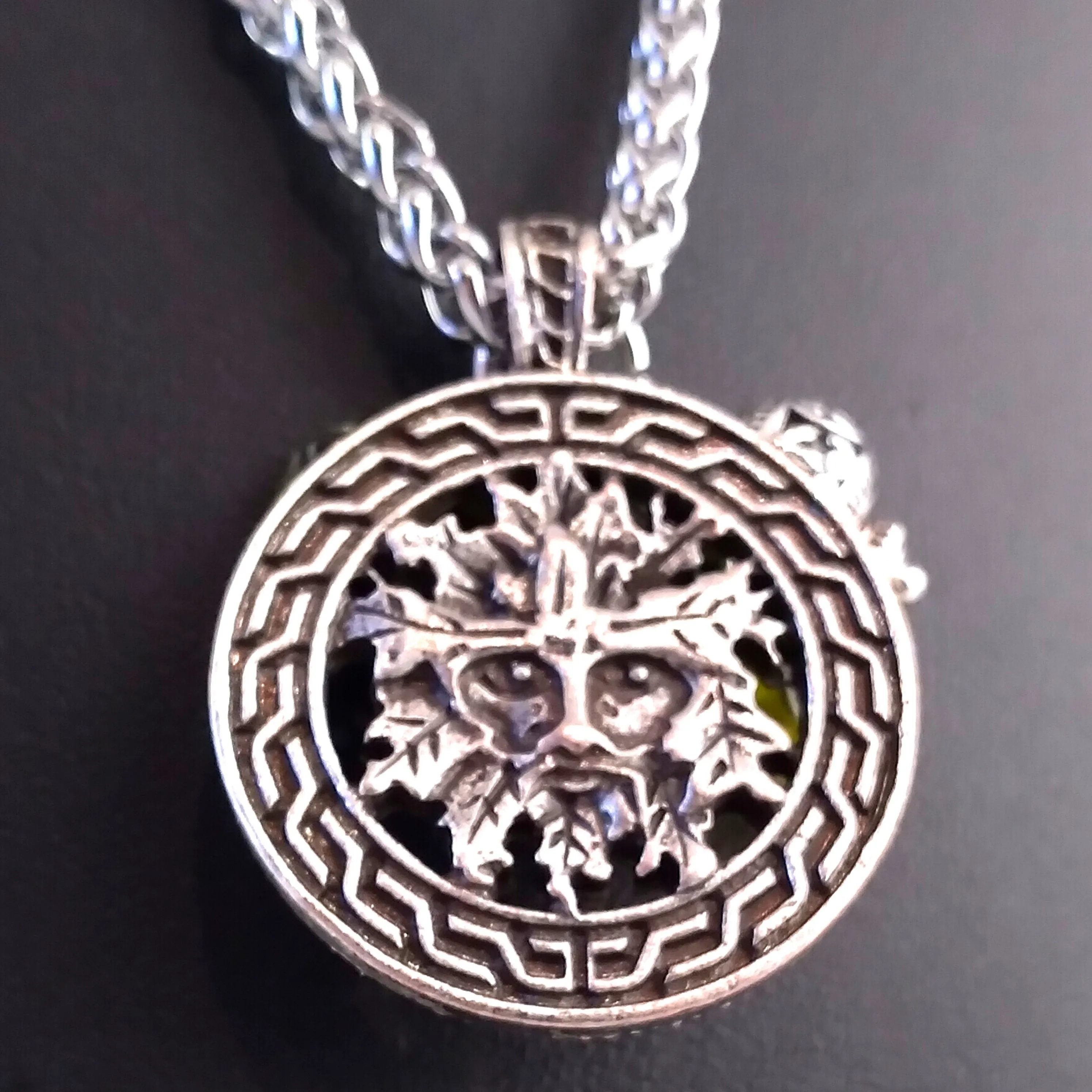 Green Man Necklace Silver Amber Celtic