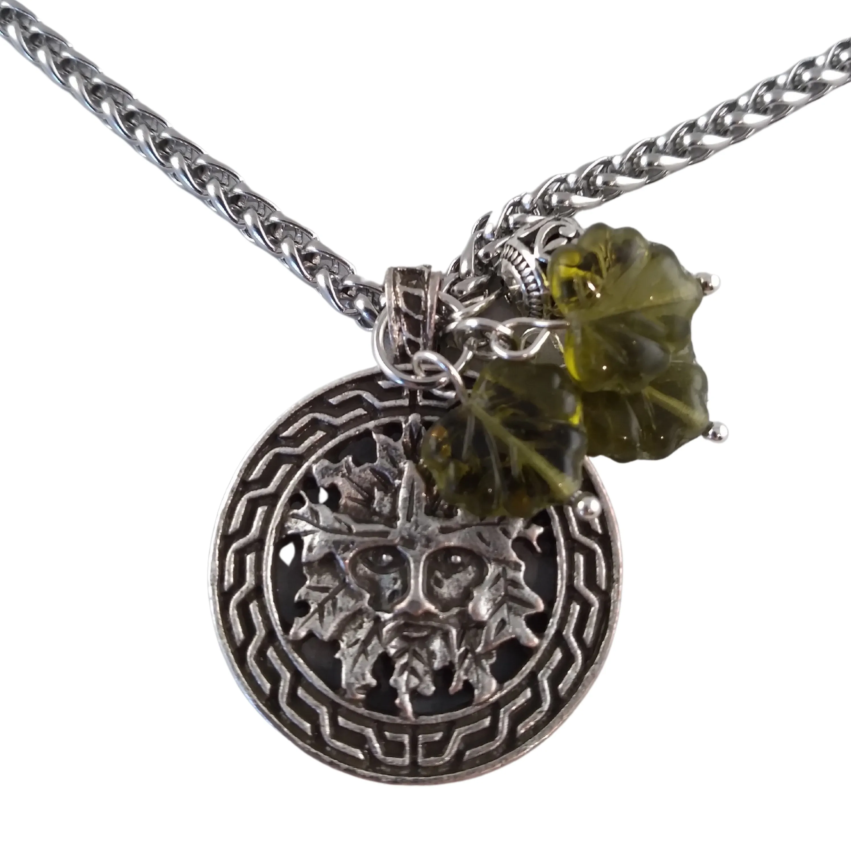 Green Man Necklace Silver Amber Celtic