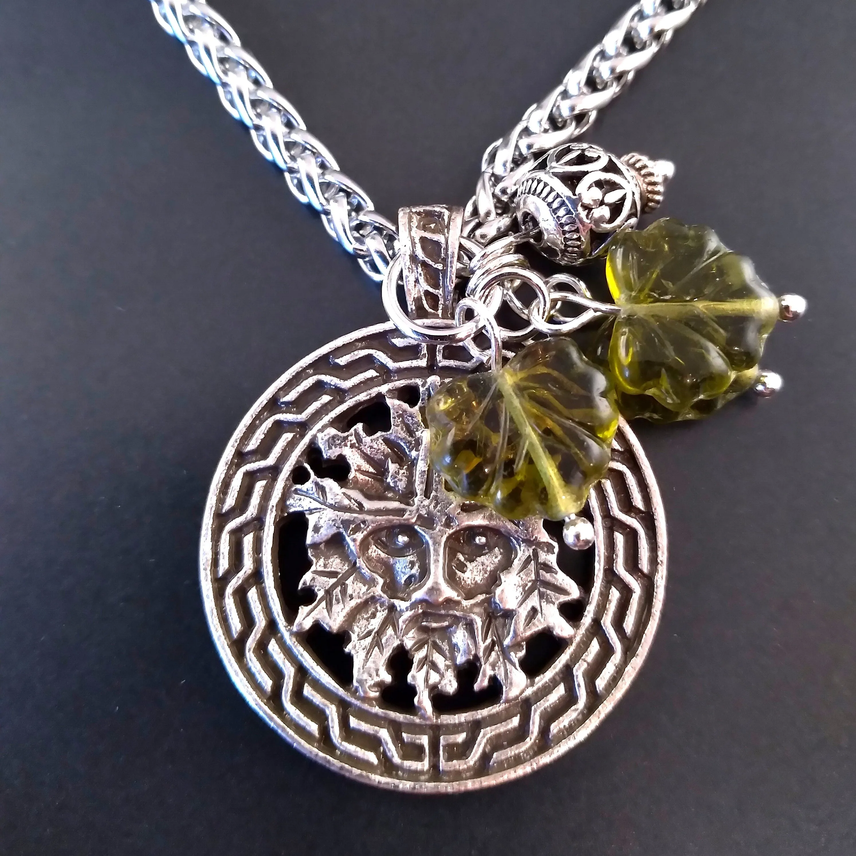 Green Man Necklace Silver Amber Celtic