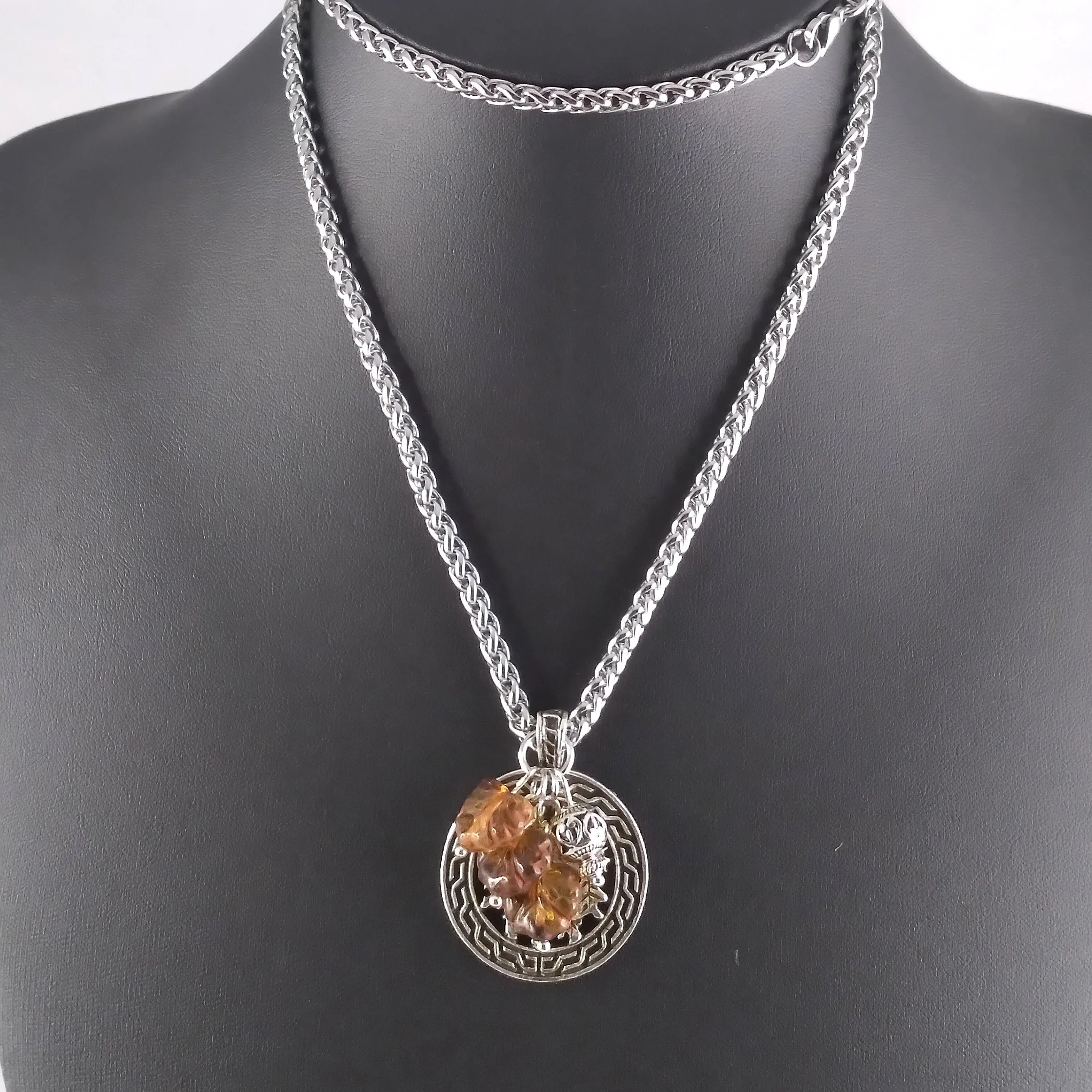 Green Man Necklace Silver Amber Celtic